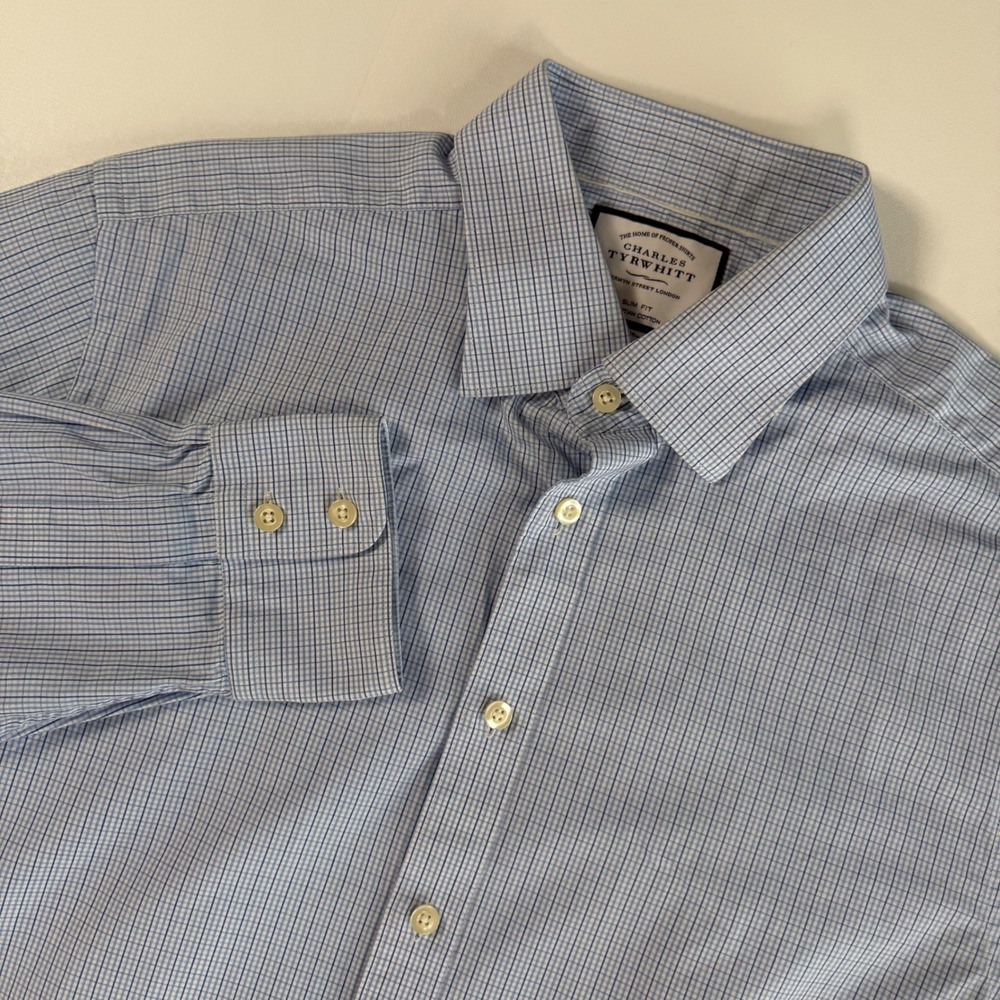 Charles Tyrwhitt Dress Shirt Mens 16.5/34 Blue Slim Fit Egyptian Cotton Check